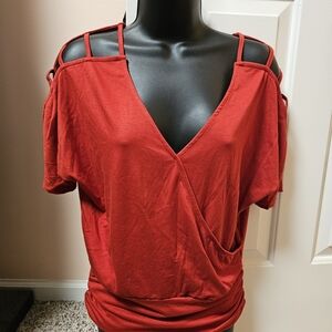 New York & Company Red Cut Out Cold Shoulder Blouse